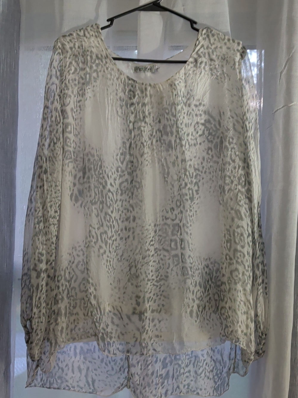 Sheer Silk Animal-Print Blouse in White and Gray